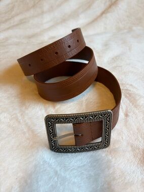 Calvin Klein Brown Women’s Leather Belt with Ornate Silver-Tone Buckle